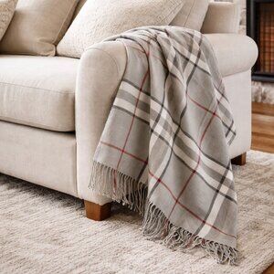 Pottery Barn Grey Red Plaid Throw Blanket with Tassels Farmhouse Couch Accent